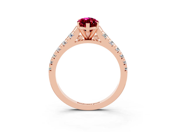 Rose gold Marquise Cut Garnet Cathedral Solitaire Ring with Round  Pavé Band