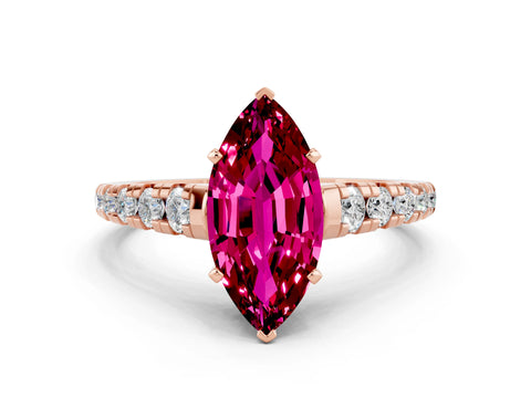 Rose gold Marquise Cut Garnet Solitaire Ring with Cathedral Setting and Pavé Band