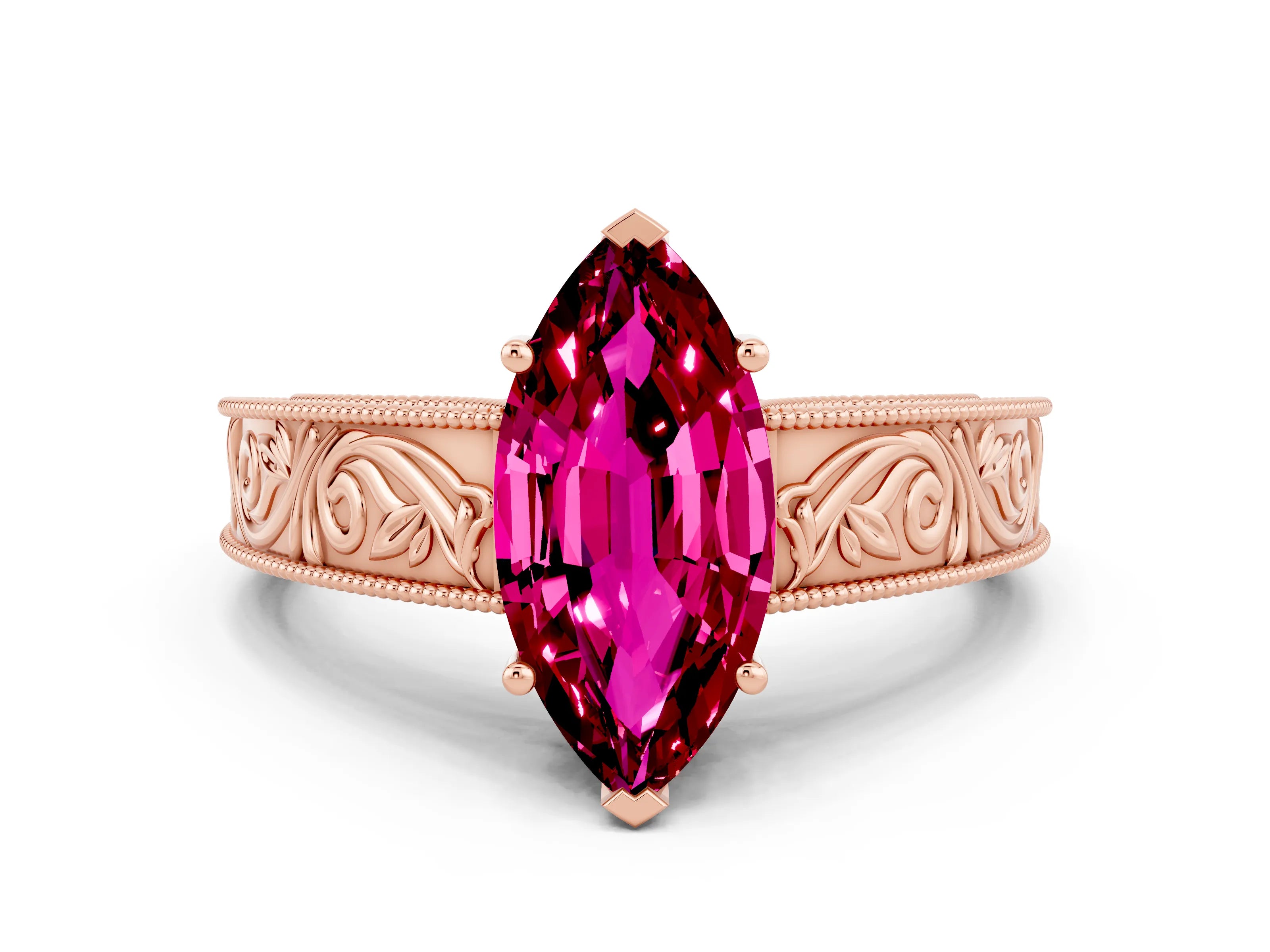 Rose gold Marquise Cut Garnet Solitaire Ring with Engraved Band and Four-Prong Setting