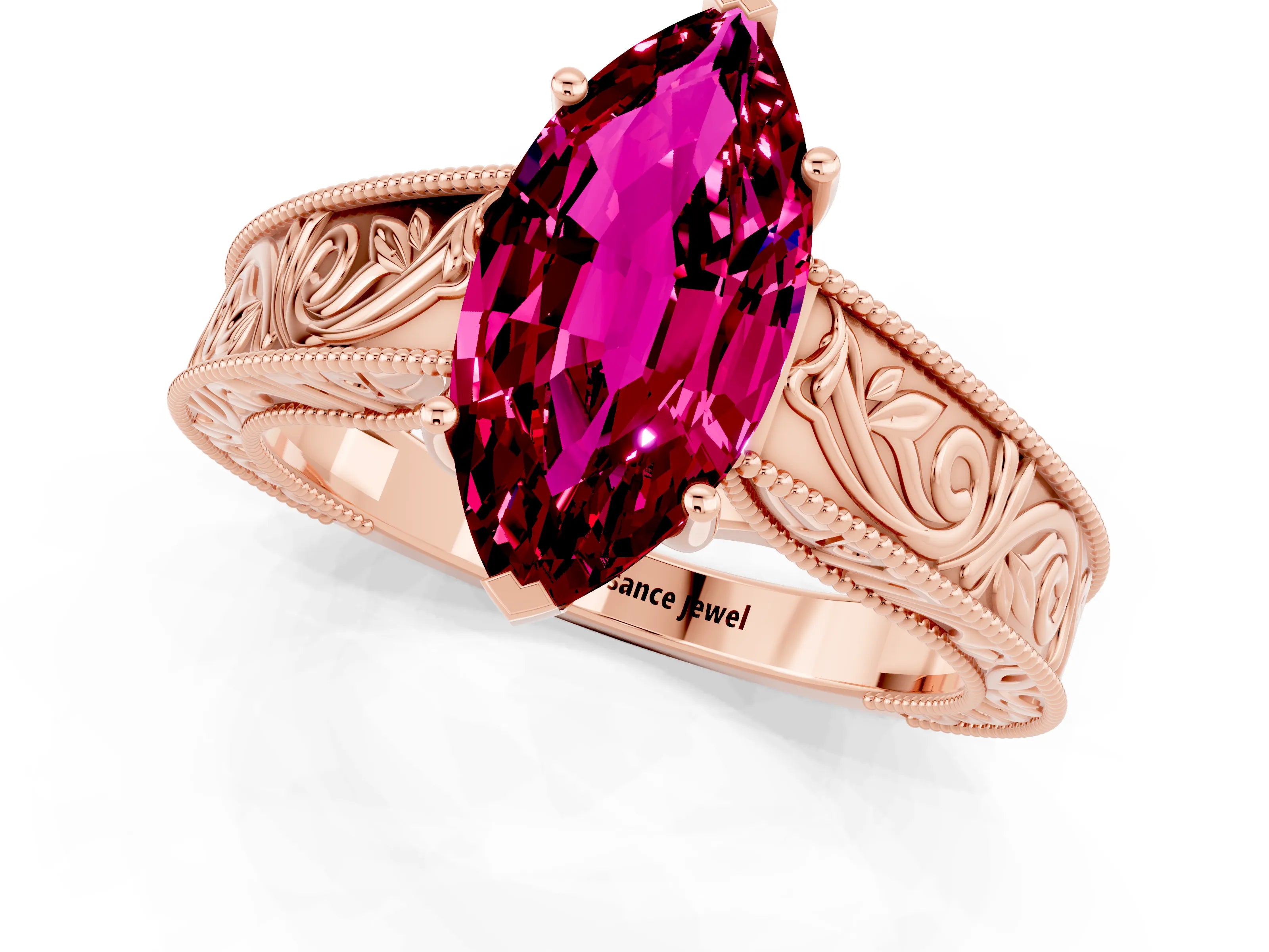 Rose gold Marquise Cut Garnet Solitaire Ring with Engraved Band and Four-Prong Setting_1