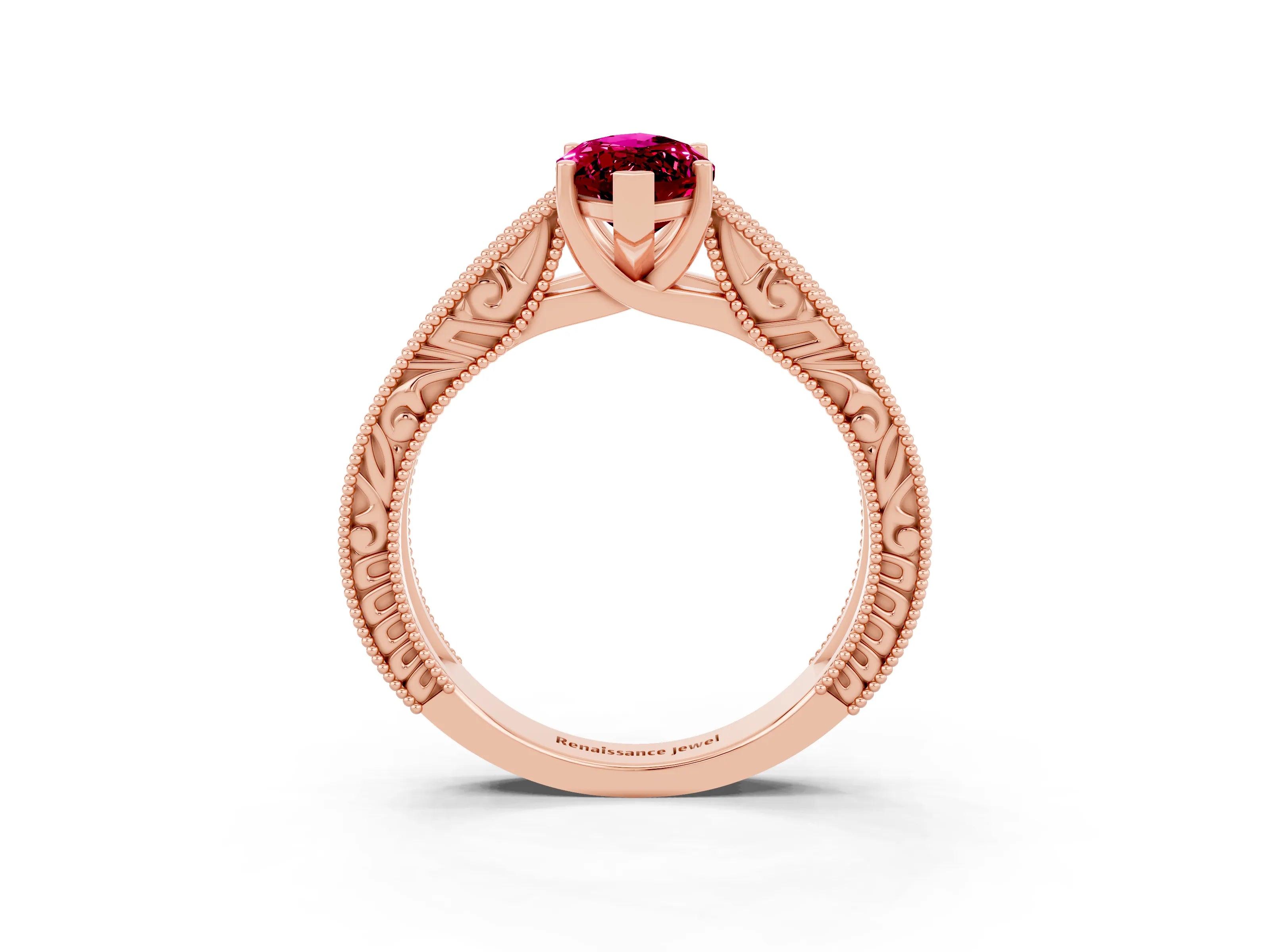 Rose gold Marquise Cut Garnet Solitaire Ring with Engraved Band and Four-Prong Setting_3