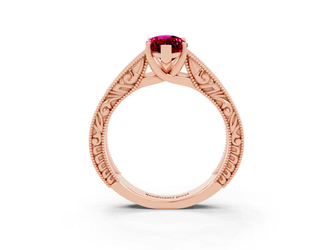 Rose gold Marquise Cut Garnet Solitaire Ring with Engraved Band and Four-Prong Setting_3