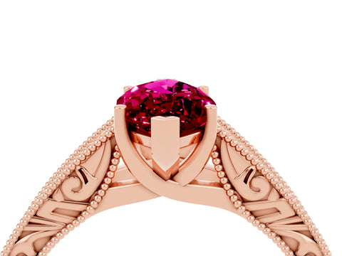 Rose gold Marquise Cut Garnet Solitaire Ring with Engraved Band and Four-Prong Setting_4