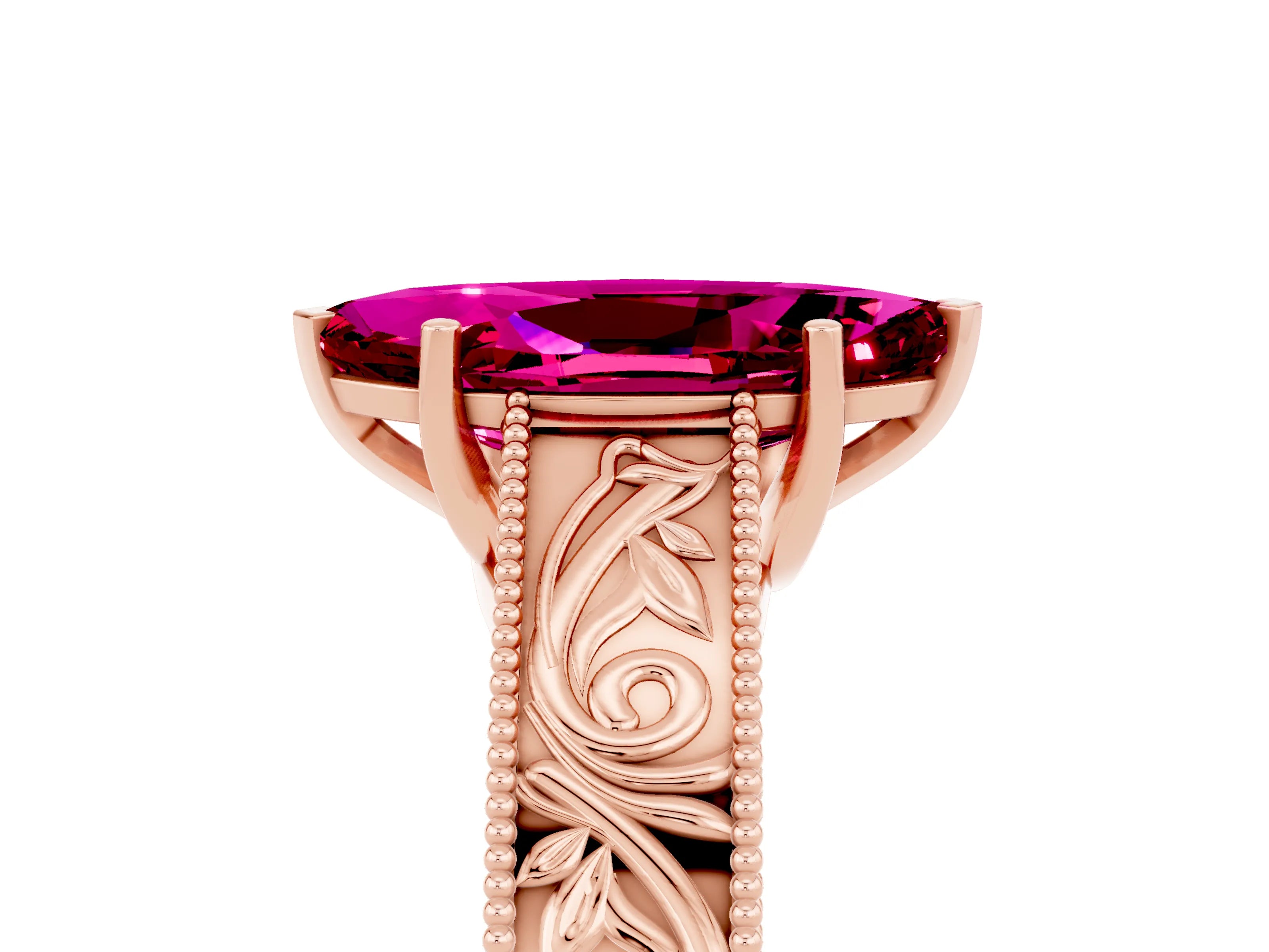 Rose gold Marquise Cut Garnet Solitaire Ring with Engraved Band and Four-Prong Setting_5