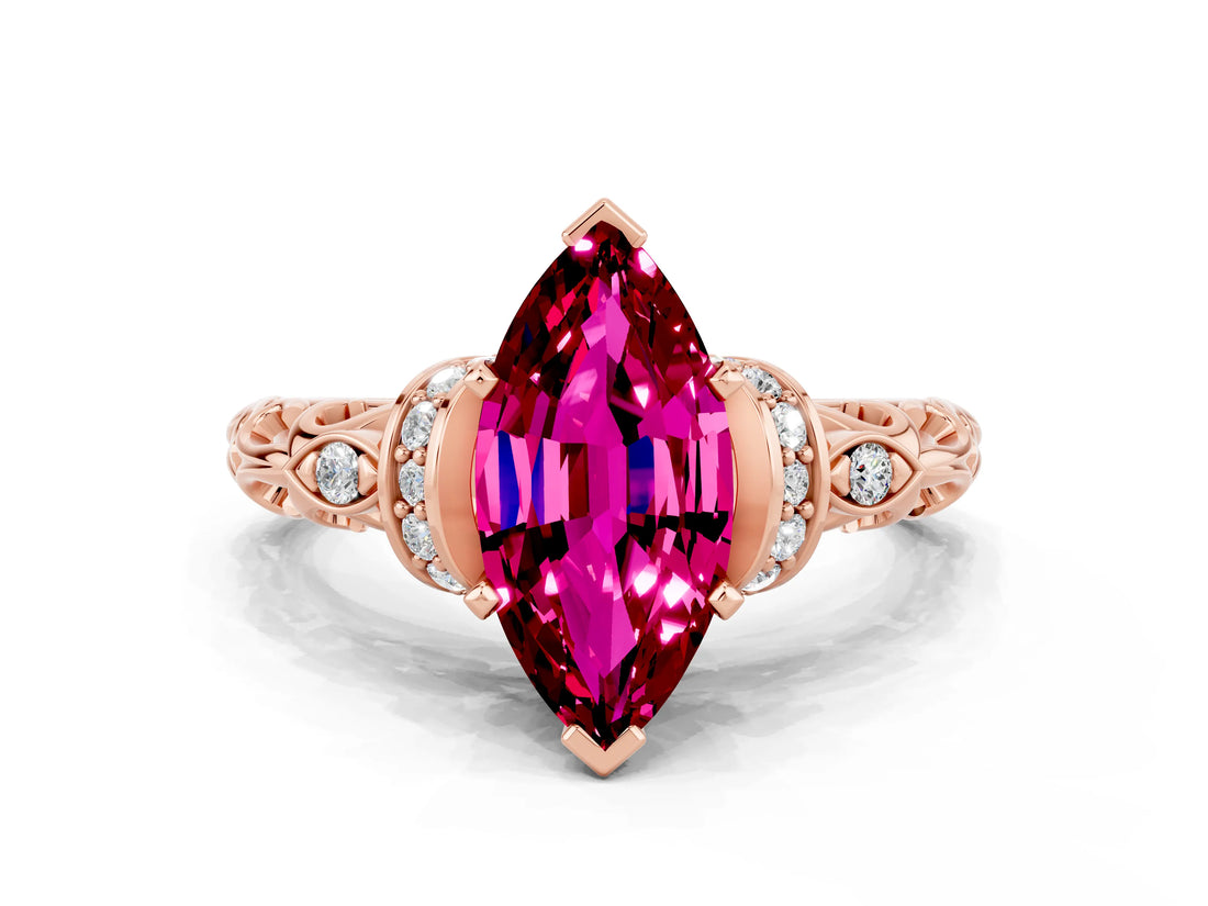 Rose gold Marquise Cut Garnet Solitaire Ring with Filigree Band and Four-Prong Setting_24