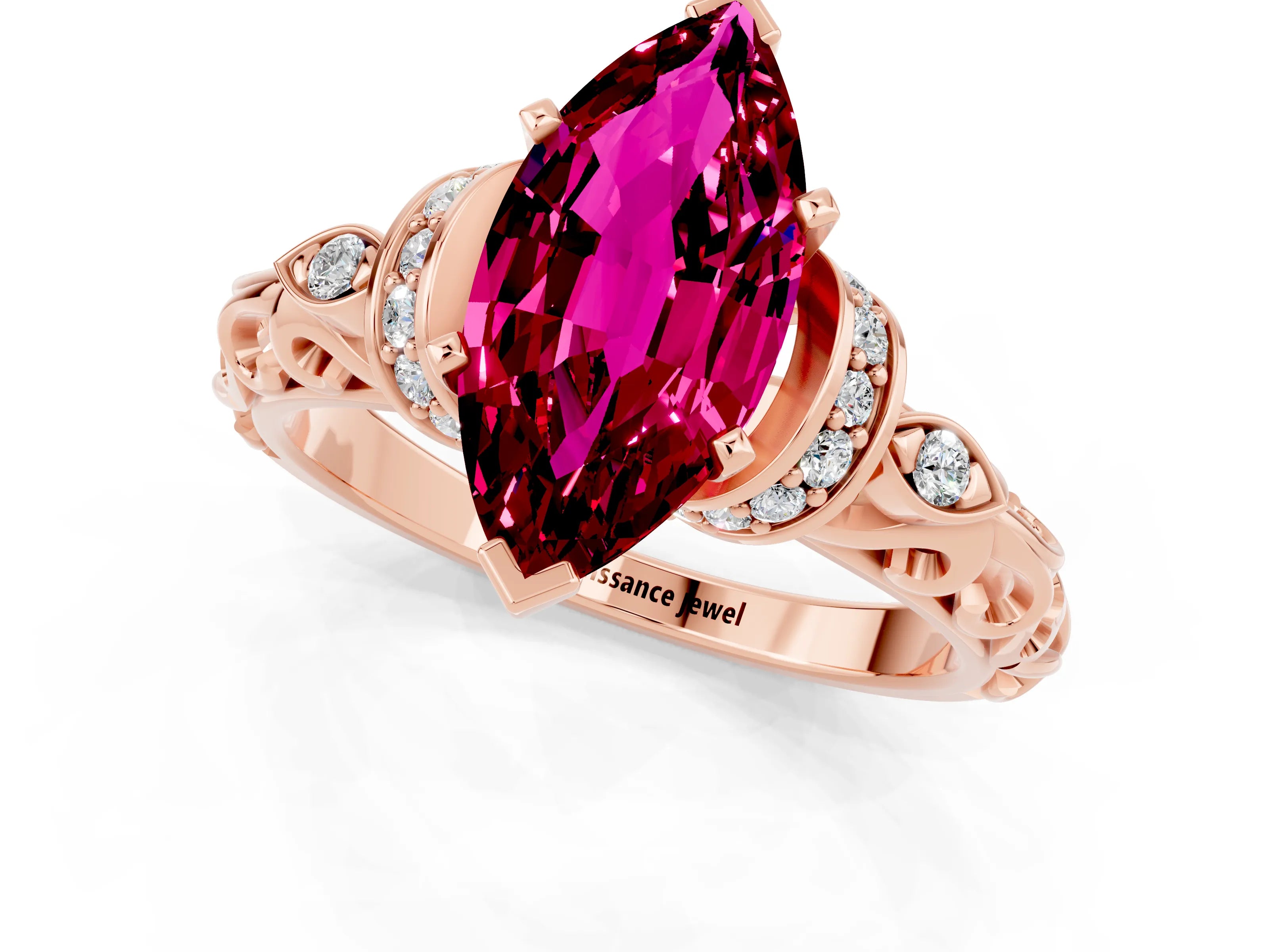 Rose gold Marquise Cut Garnet Solitaire Ring with Filigree Band and Four-Prong Setting_25