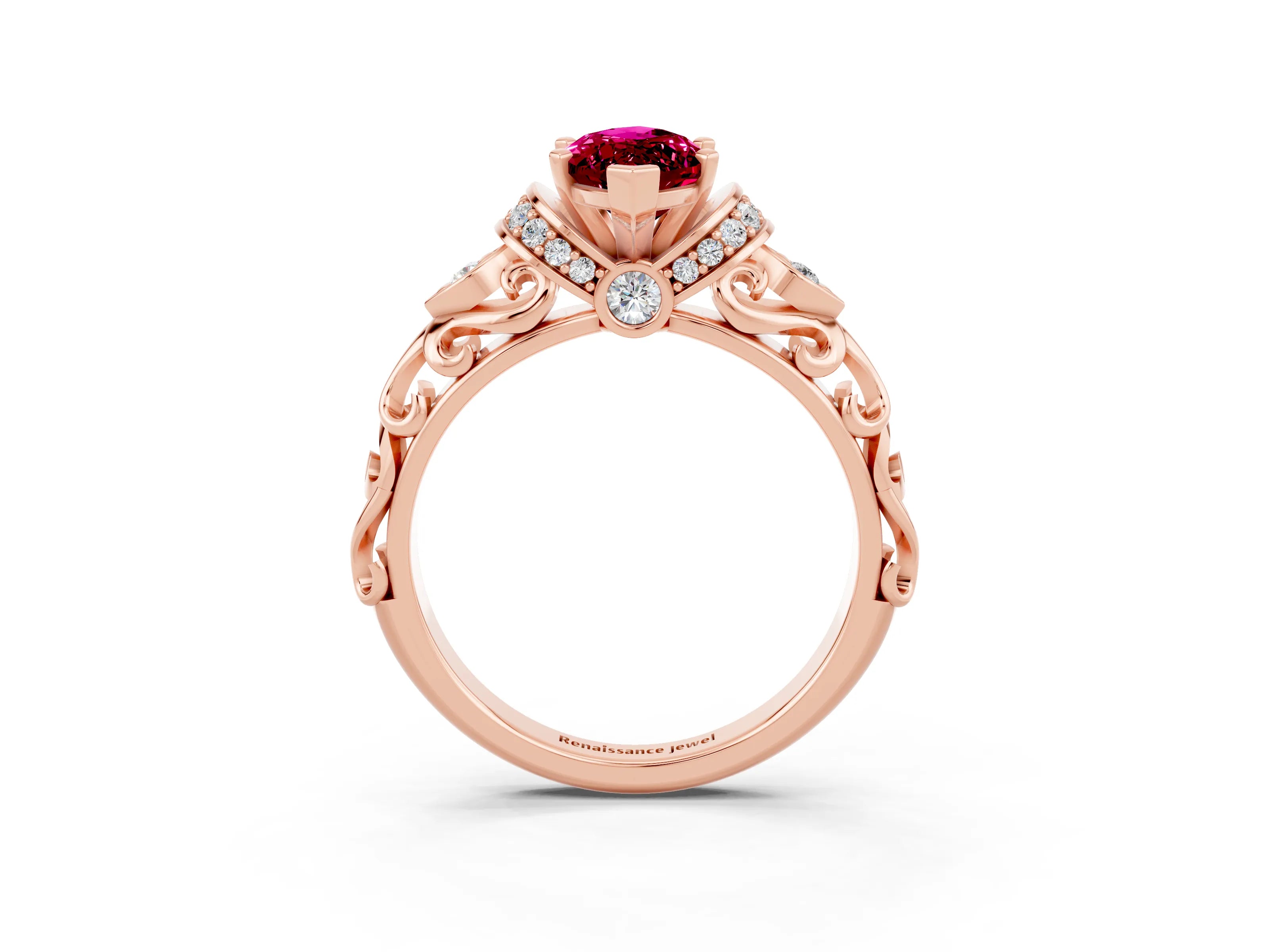 Rose gold Marquise Cut Garnet Solitaire Ring with Filigree Band and Four-Prong Setting_27