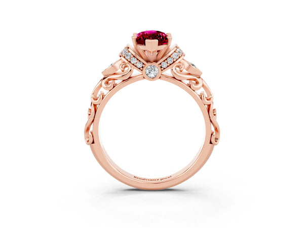 Rose gold Marquise Cut Garnet Solitaire Ring with Filigree Band and Four-Prong Setting