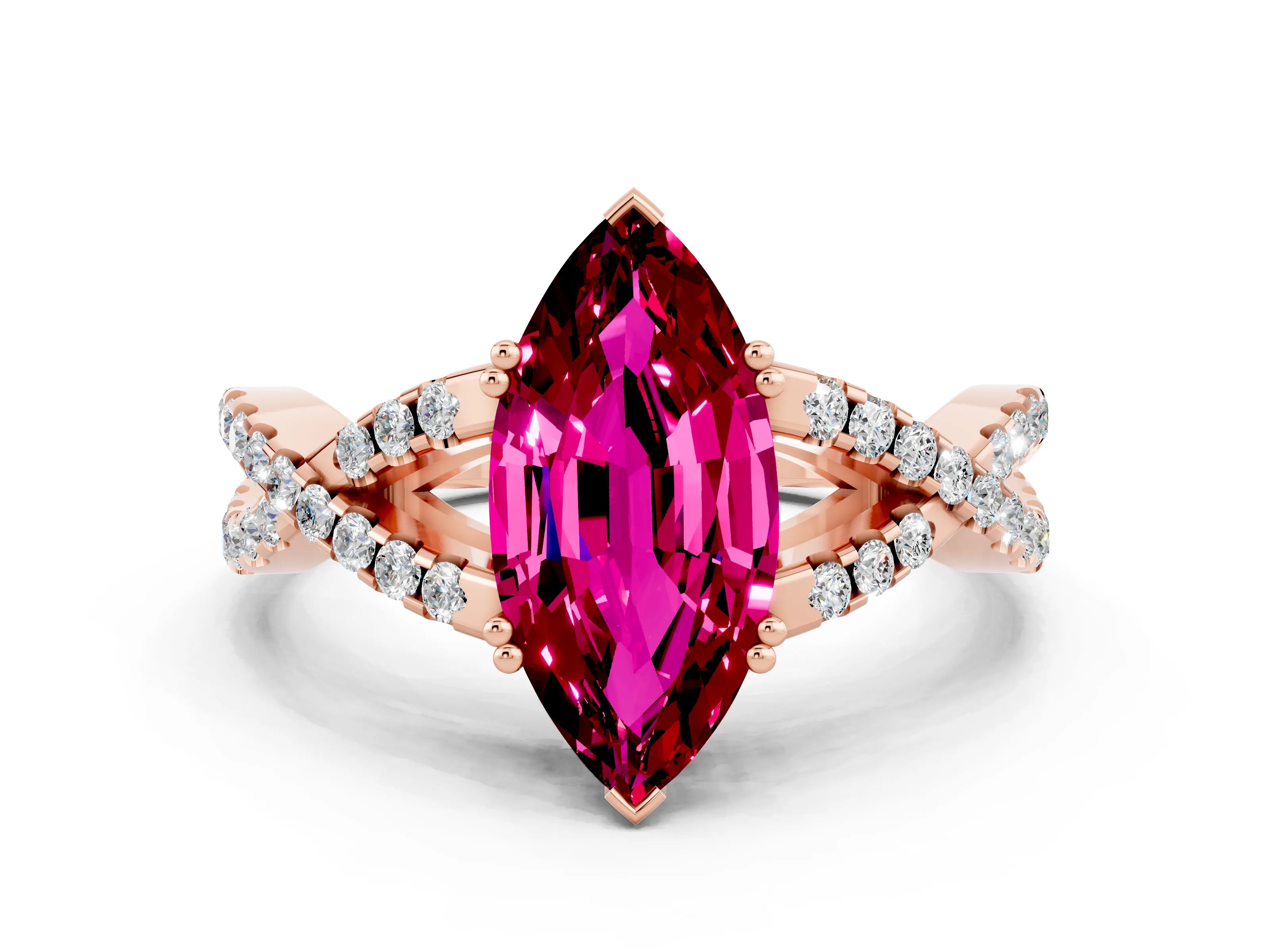 Rose gold Marquise Cut Garnet Solitaire Ring with Four-Prong Setting and Twisted Pavé Band