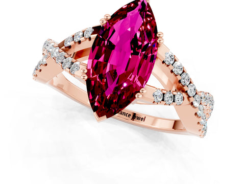 Rose gold Marquise Cut Garnet Solitaire Ring with Four-Prong Setting and Twisted Pavé Band_1