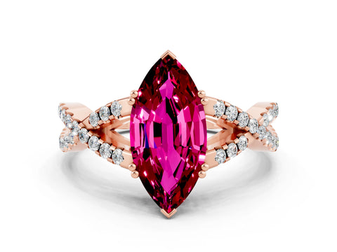 Rose gold Marquise Cut Garnet Solitaire Ring with Four-Prong Setting and Twisted Pavé Band