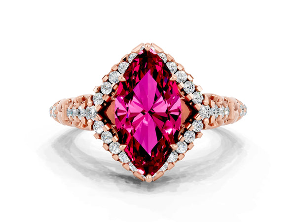 Rose gold Marquise Cut Garnet Solitaire Ring with Hidden Halo and Pavé Band