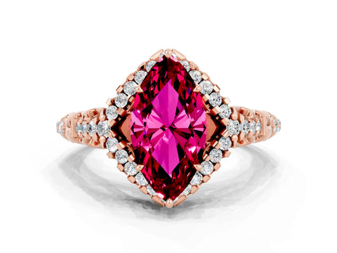 Rose gold Marquise Cut Garnet Solitaire Ring with Hidden Halo and Pavé Band_12