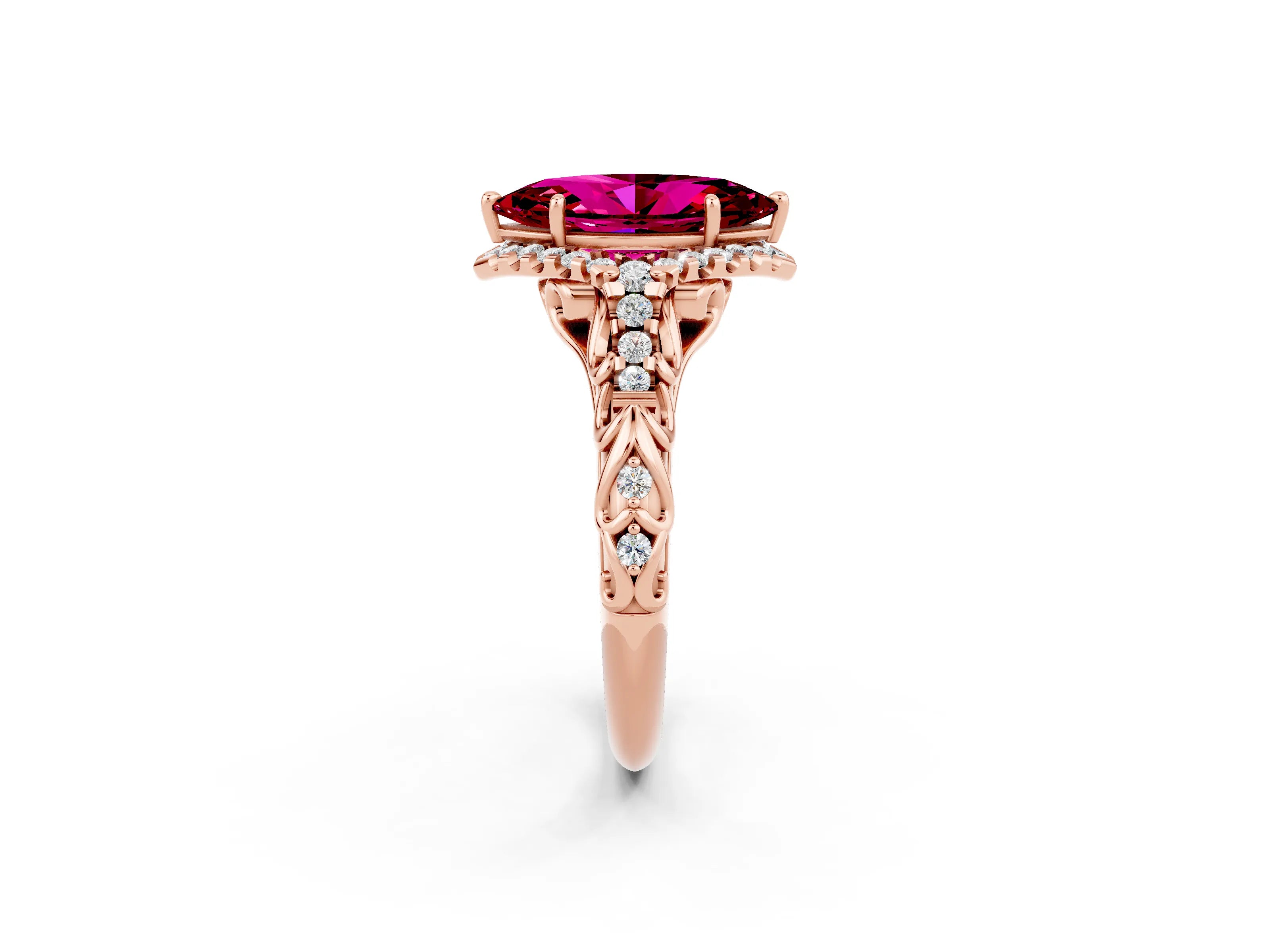 Rose gold Marquise Cut Garnet Solitaire Ring with Hidden Halo and Pavé Band_14