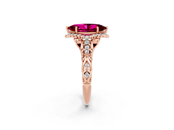 Rose gold Marquise Cut Garnet Solitaire Ring with Hidden Halo and Pavé Band