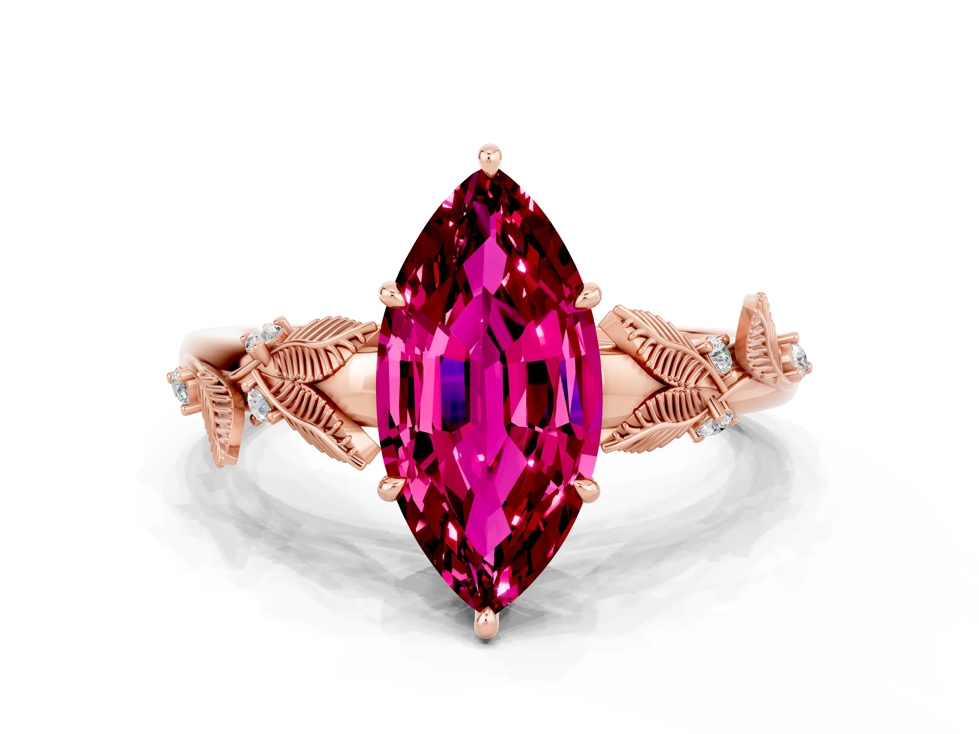 Rose gold Marquise Cut Garnet Solitaire Ring with Leaf Motif Band and Four-Prong Setting