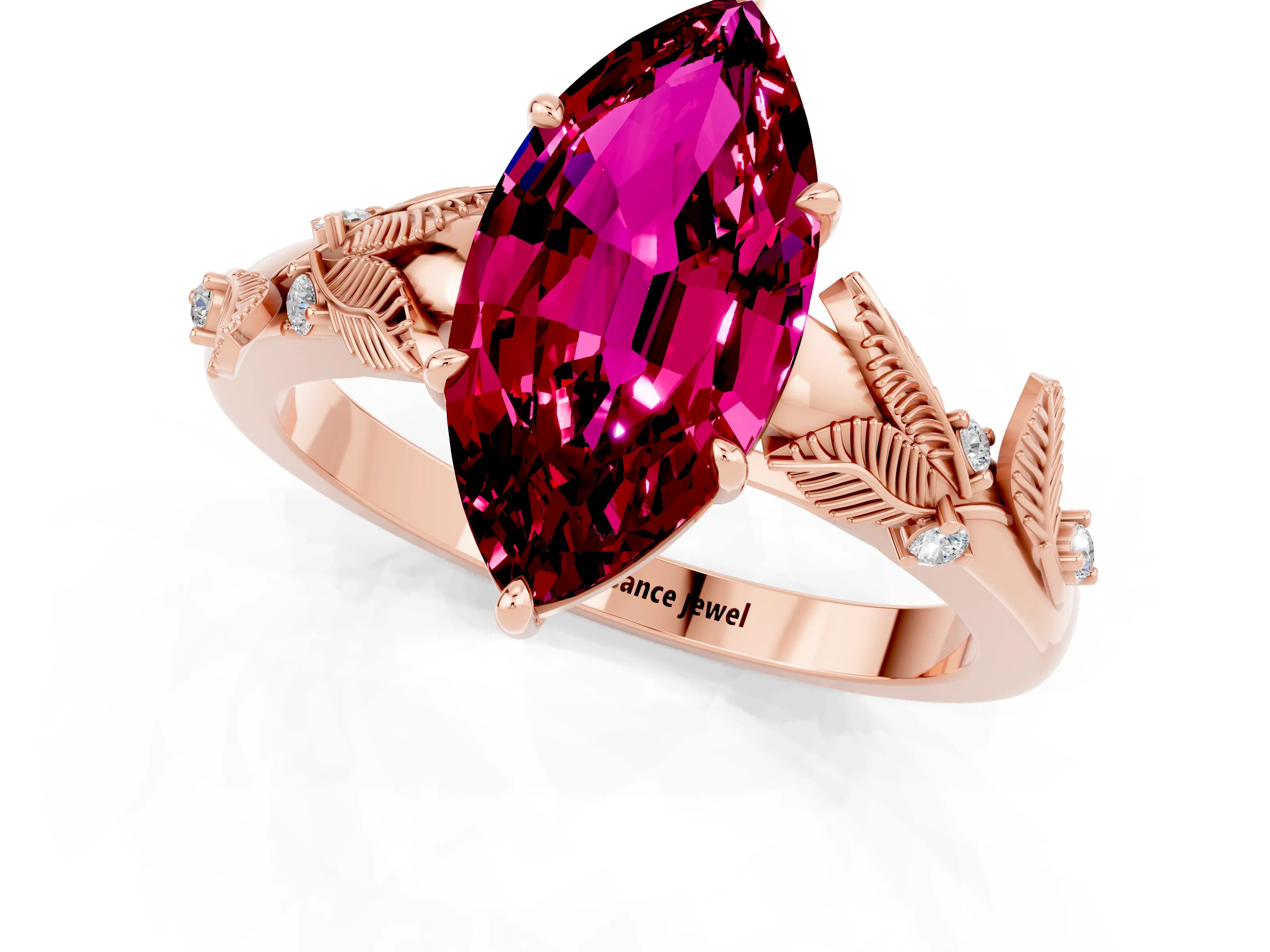 Rose gold Marquise Cut Garnet Solitaire Ring with Leaf Motif Band and Four-Prong Setting_1