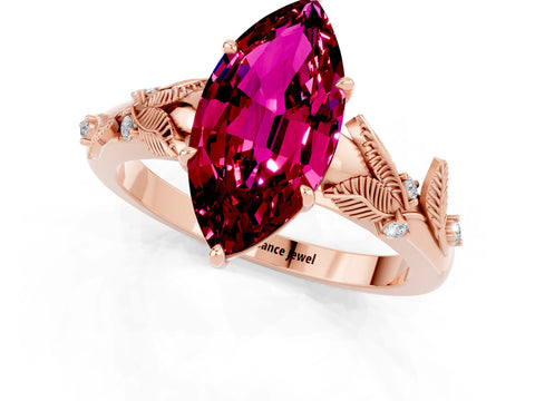 Rose gold Marquise Cut Garnet Solitaire Ring with Leaf Motif Band and Four-Prong Setting_1