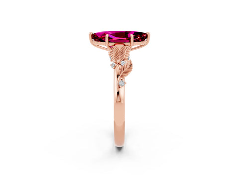 Rose gold Marquise Cut Garnet Solitaire Ring with Leaf Motif Band and Four-Prong Setting_2