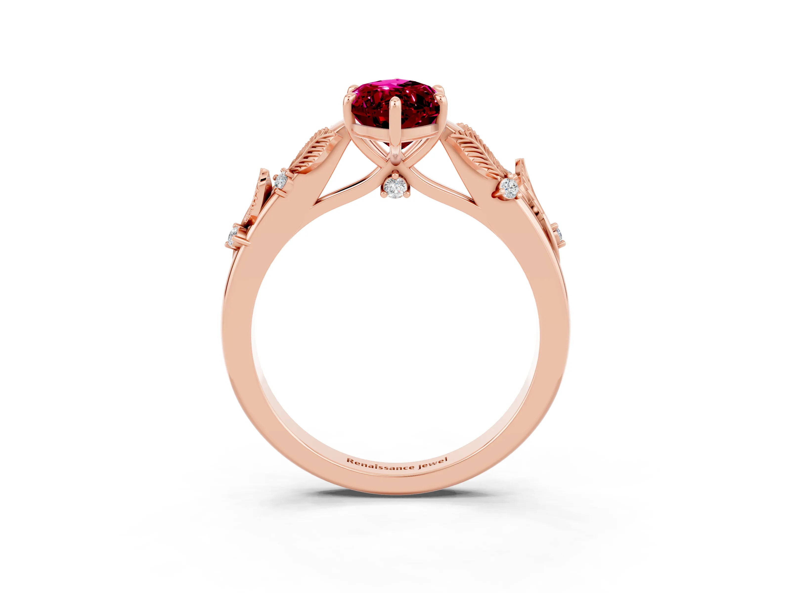 Rose gold Marquise Cut Garnet Solitaire Ring with Leaf Motif Band and Four-Prong Setting_3