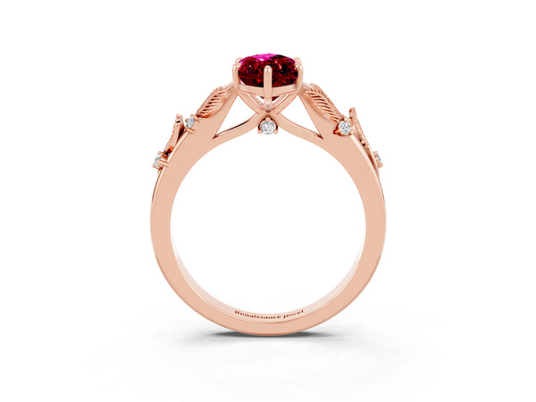 Rose gold Marquise Cut Garnet Solitaire Ring with Leaf Motif Band and Four-Prong Setting