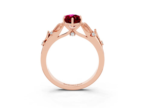 Rose gold Marquise Cut Garnet Solitaire Ring with Leaf Motif Band and Four-Prong Setting_3