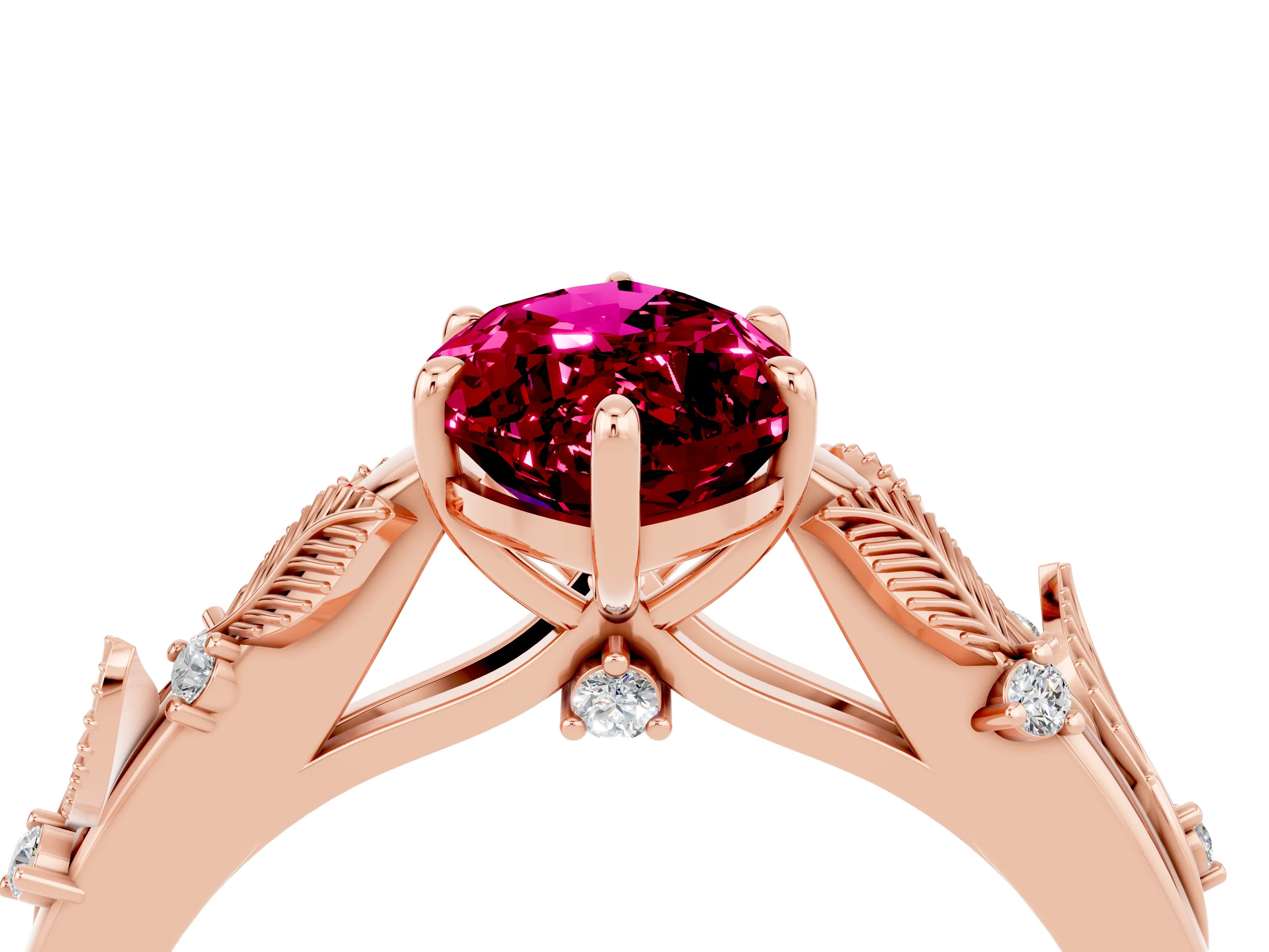 Rose gold Marquise Cut Garnet Solitaire Ring with Leaf Motif Band and Four-Prong Setting_4