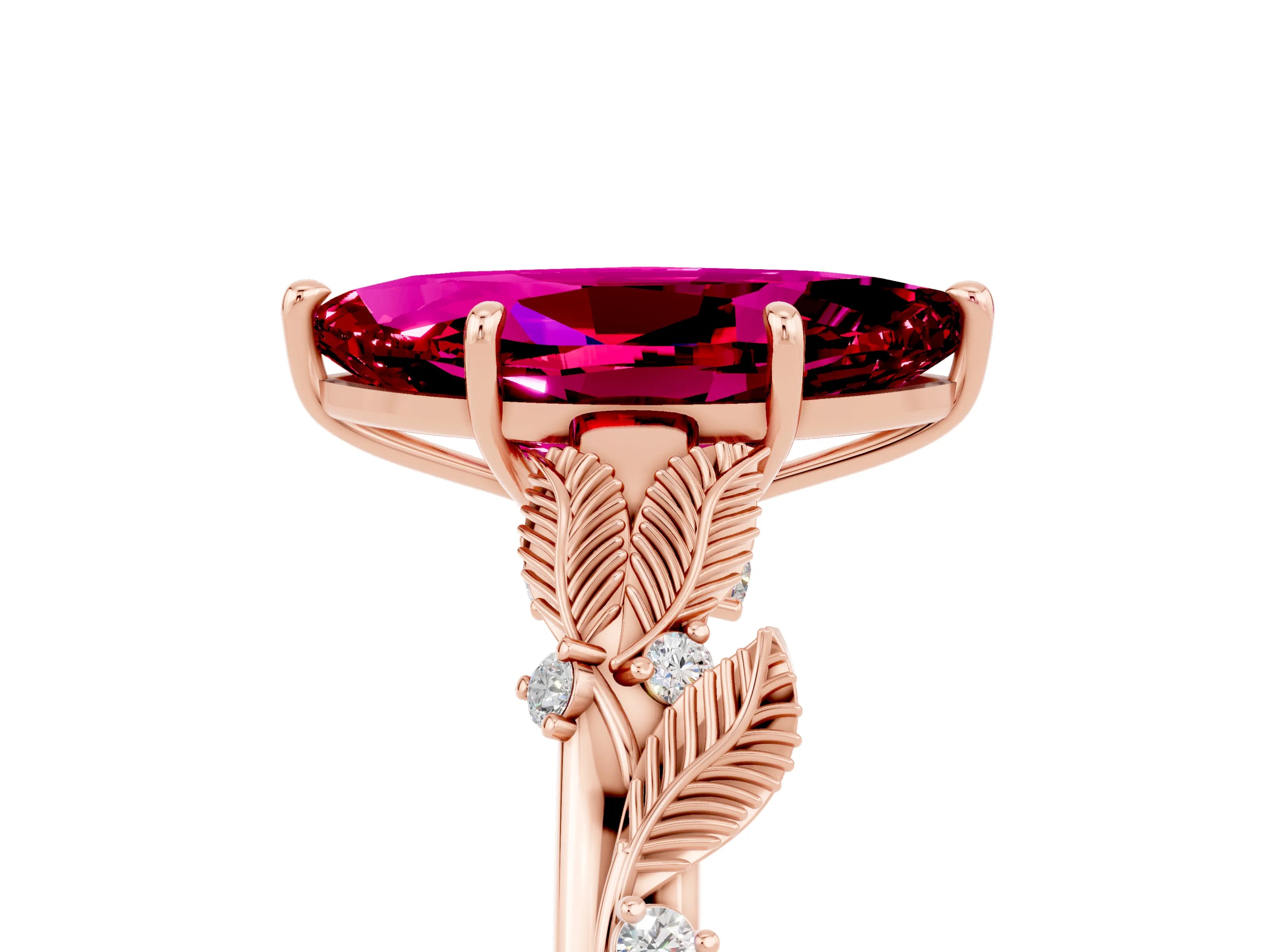 Rose gold Marquise Cut Garnet Solitaire Ring with Leaf Motif Band and Four-Prong Setting_5