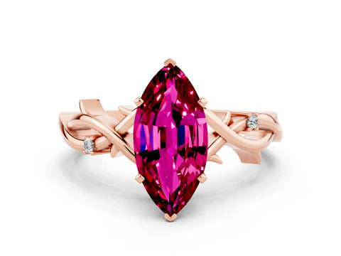 Rose gold Marquise Cut Garnet Solitaire Ring with Milgrain Pavé Band and Four-Prong Setting_12
