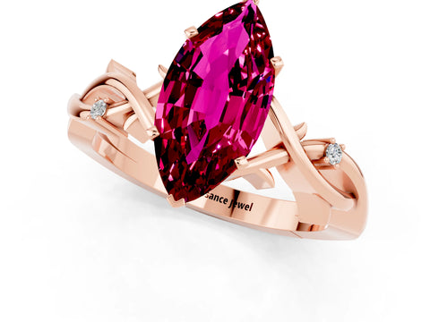 Rose gold Marquise Cut Garnet Solitaire Ring with Milgrain Pavé Band and Four-Prong Setting_13