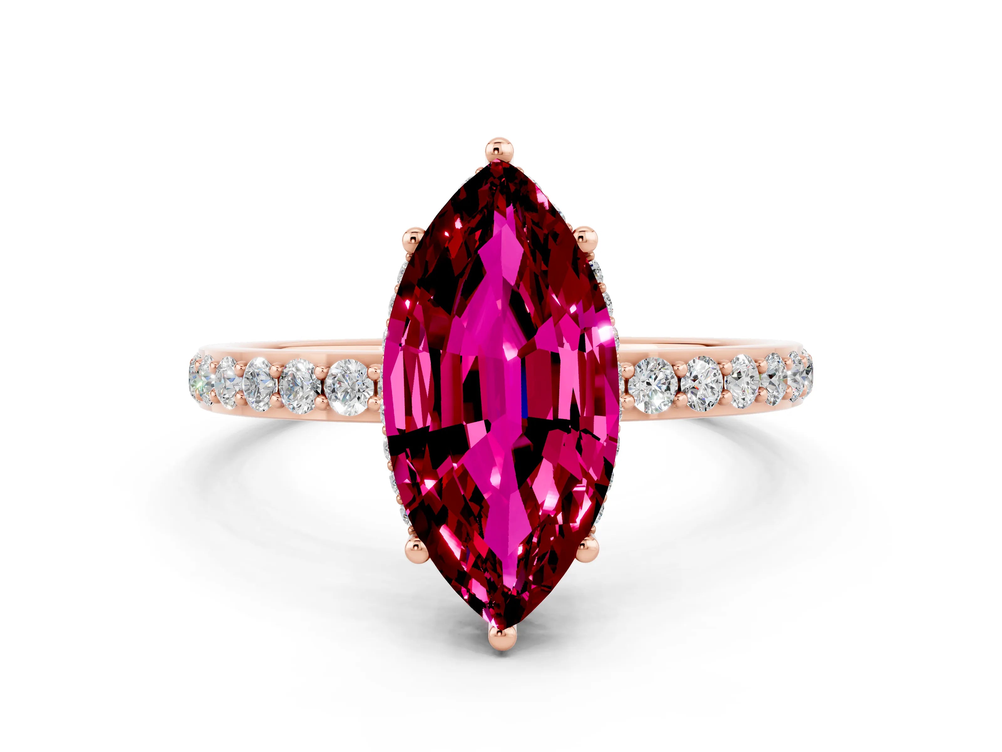Rose gold Marquise Cut Garnet Solitaire Ring with Pavé Band and Hidden Halo_12