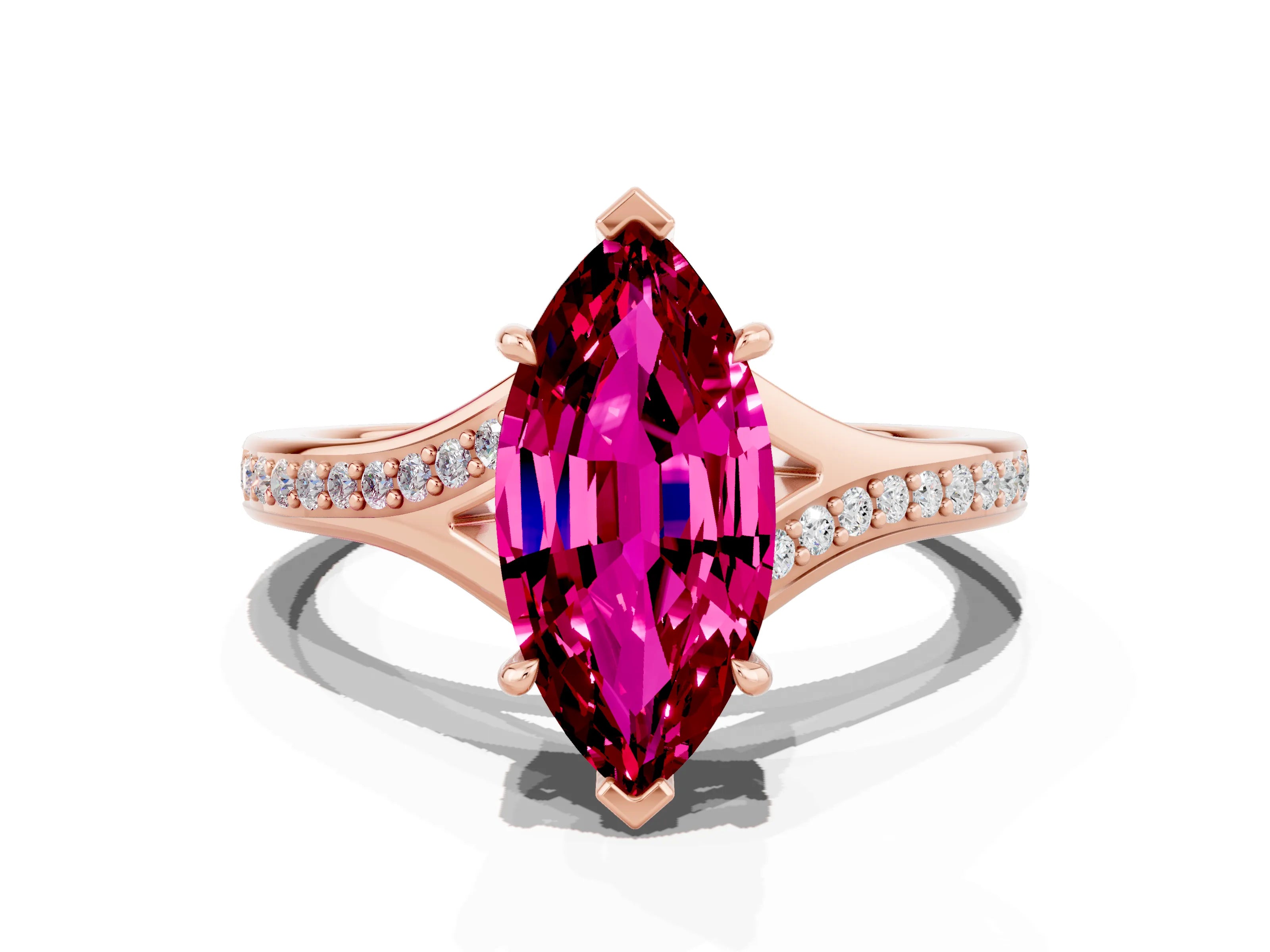 Rose gold Marquise Cut Garnet Solitaire Ring with Pavé Band and Prong Setting_12