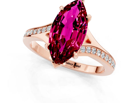 Rose gold Marquise Cut Garnet Solitaire Ring with Pavé Band and Prong Setting_13