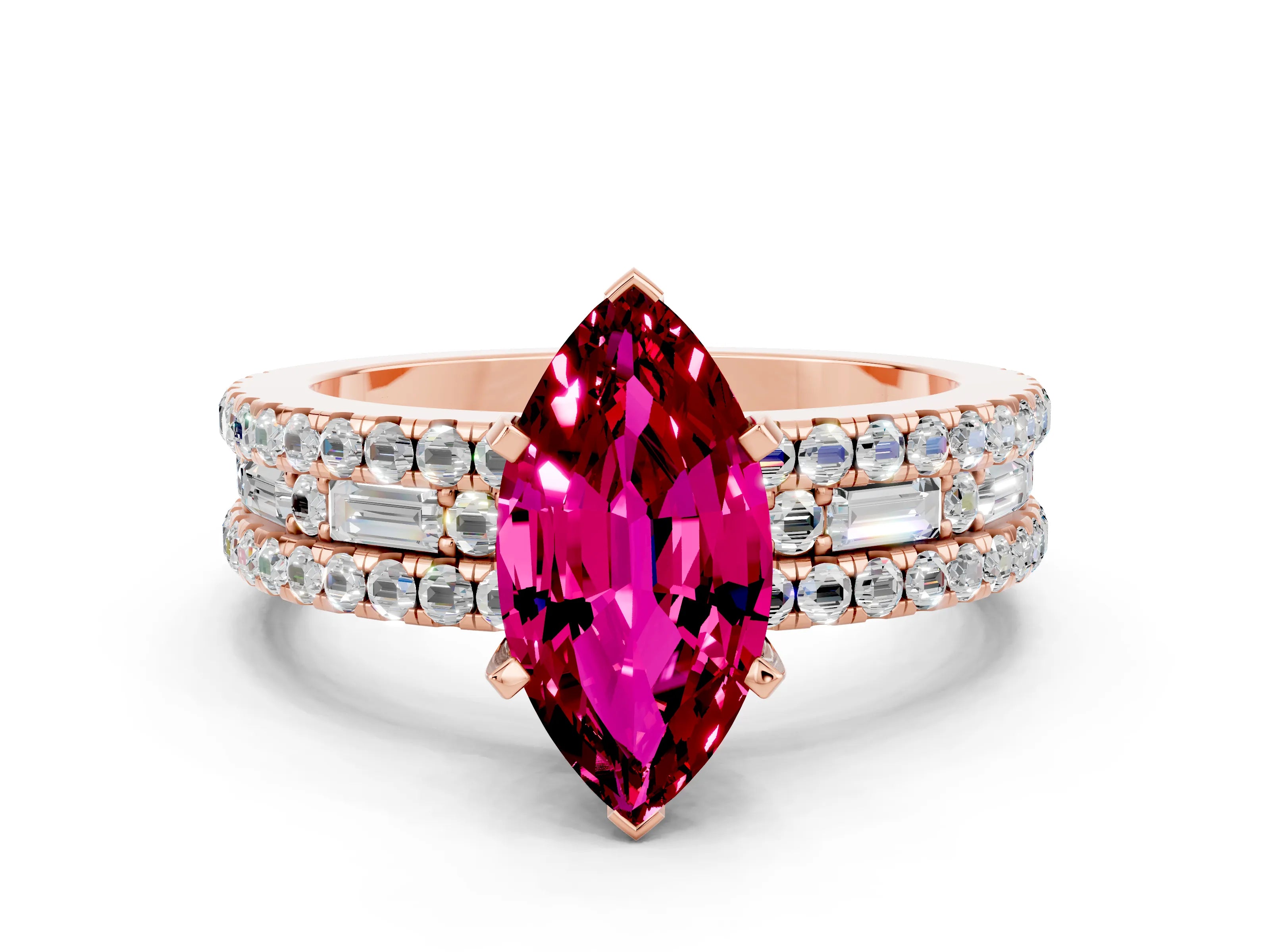 Rose gold Marquise Cut Garnet Solitaire Ring with Pavé and Channel Set Band