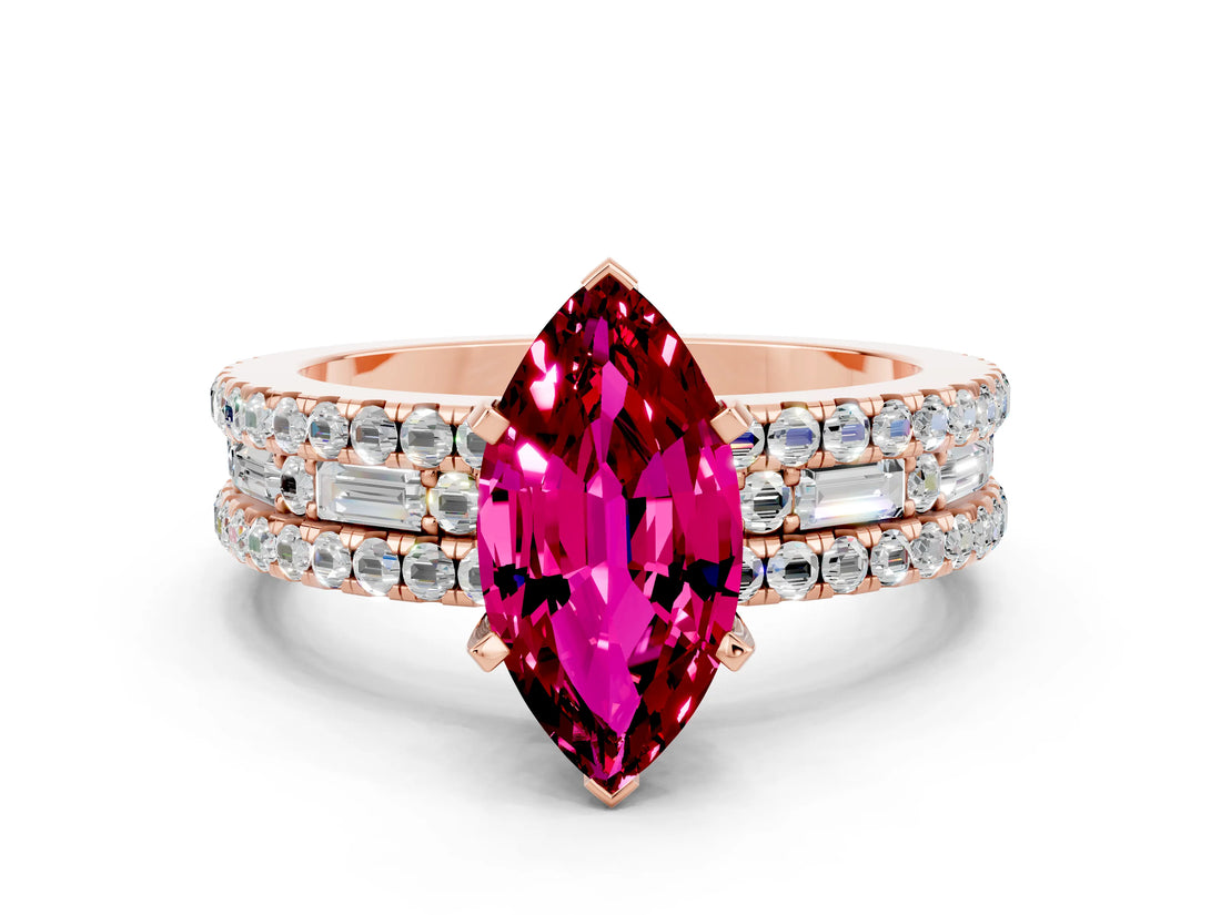 Rose gold Marquise Cut Garnet Solitaire Ring with Pavé and Channel Set Band