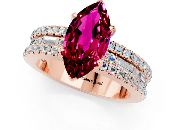 Rose gold Marquise Cut Garnet Solitaire Ring with Pavé and Channel Set Band