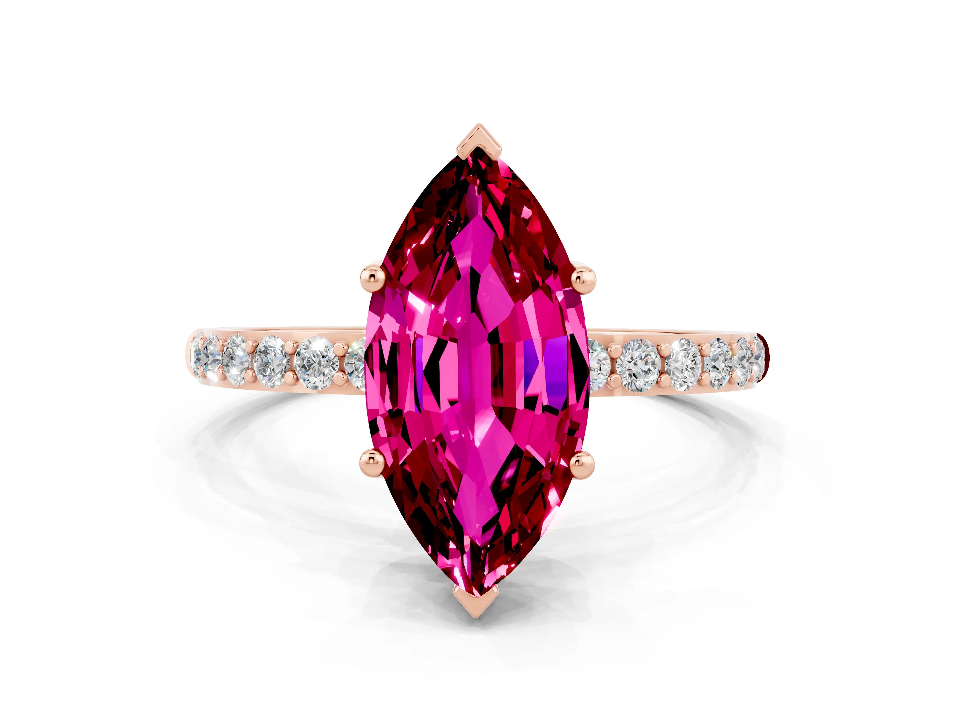 Rose gold Marquise Cut Garnet Solitaire Ring with Pave Band and Four Prong Setting_12