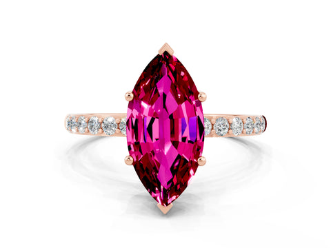 Rose gold Marquise Cut Garnet Solitaire Ring with Pave Band and Four Prong Setting_12