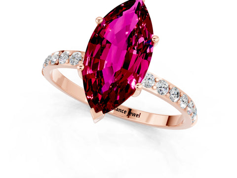 Rose gold Marquise Cut Garnet Solitaire Ring with Pave Band and Four Prong Setting_13