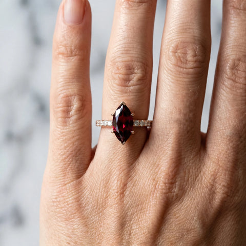 Rose gold Marquise Cut Garnet Solitaire Ring with Round  Pavé Band and Four-Prong Setting_42