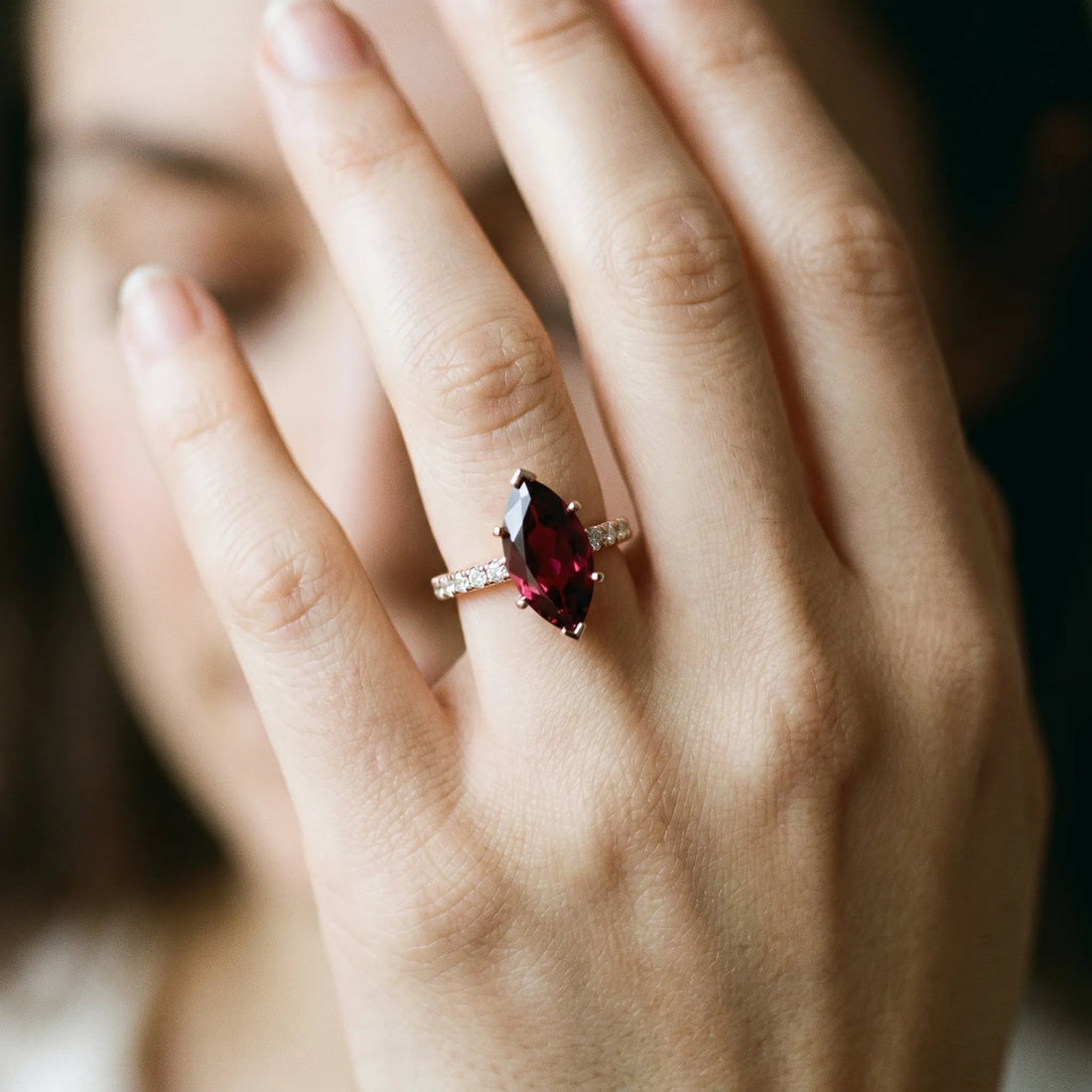 Rose gold Marquise Cut Garnet Solitaire Ring with Round  Pavé Band and Four-Prong Setting_44