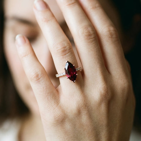 Rose gold Marquise Cut Garnet Solitaire Ring with Round  Pavé Band and Four-Prong Setting_44