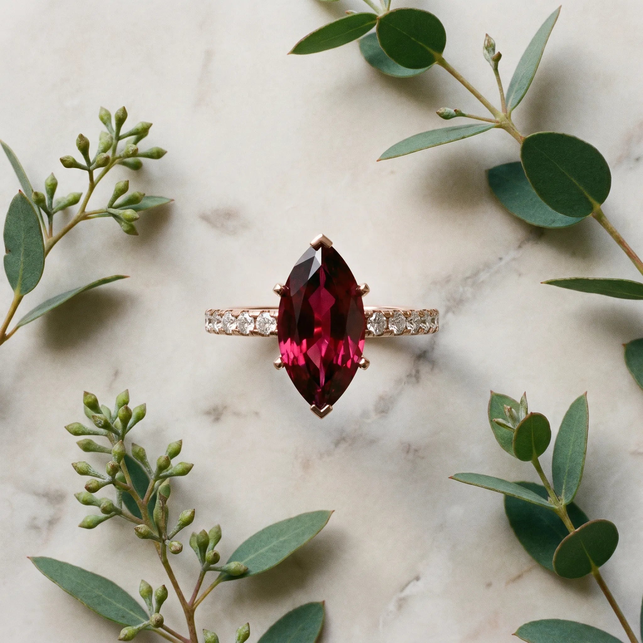 Rose gold Marquise Cut Garnet Solitaire Ring with Round  Pavé Band and Four-Prong Setting_45