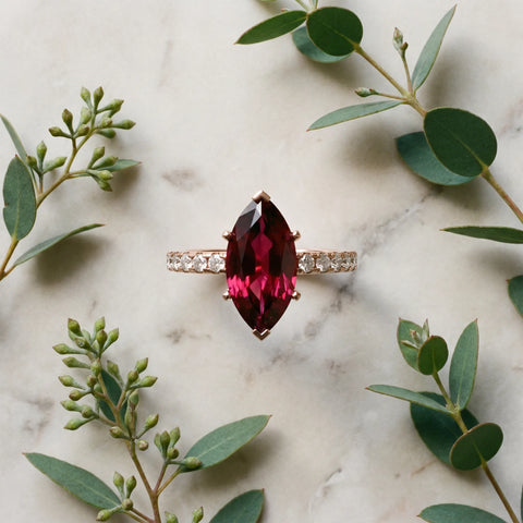 Rose gold Marquise Cut Garnet Solitaire Ring with Round  Pavé Band and Four-Prong Setting_45