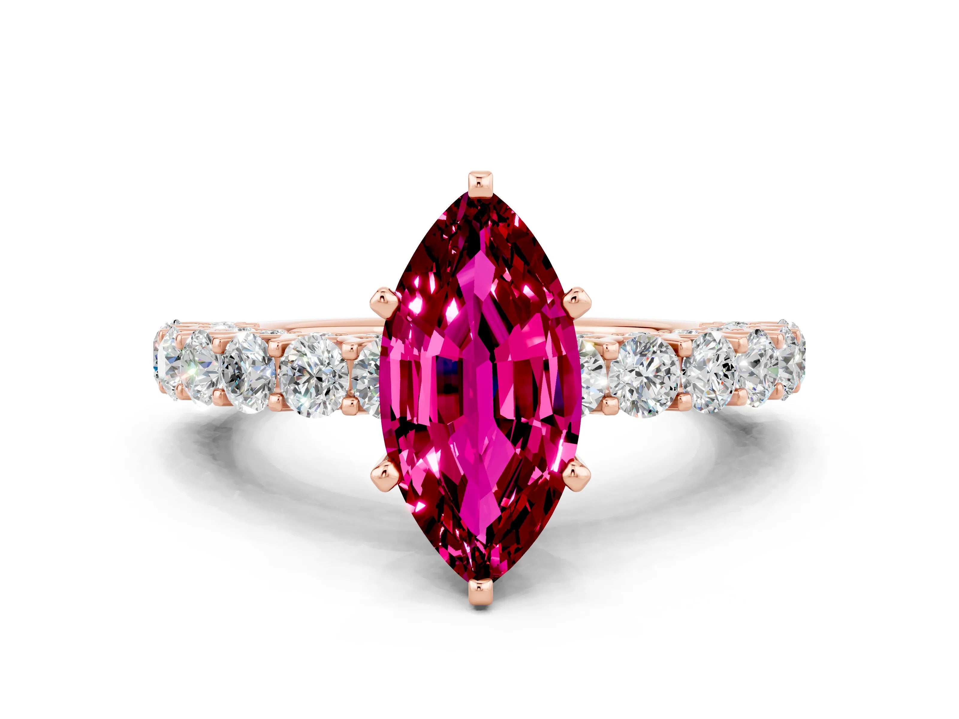 Rose gold Marquise Cut Garnet Solitaire Ring with Shared Prong Pavé Band and Four-Prong Setting