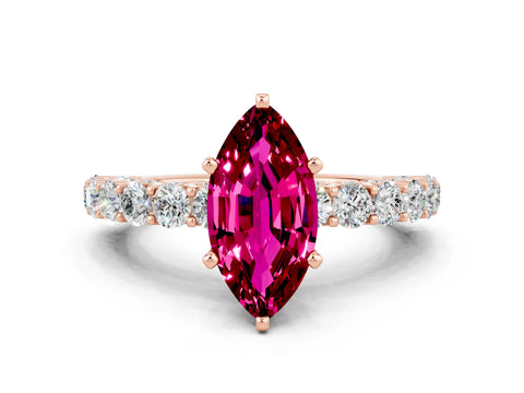 Rose gold Marquise Cut Garnet Solitaire Ring with Shared Prong Pavé Band and Four-Prong Setting