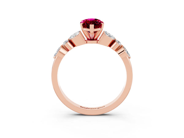 Rose gold Marquise Cut Garnet Solitaire Ring with Side Stones and Four-Prong Setting