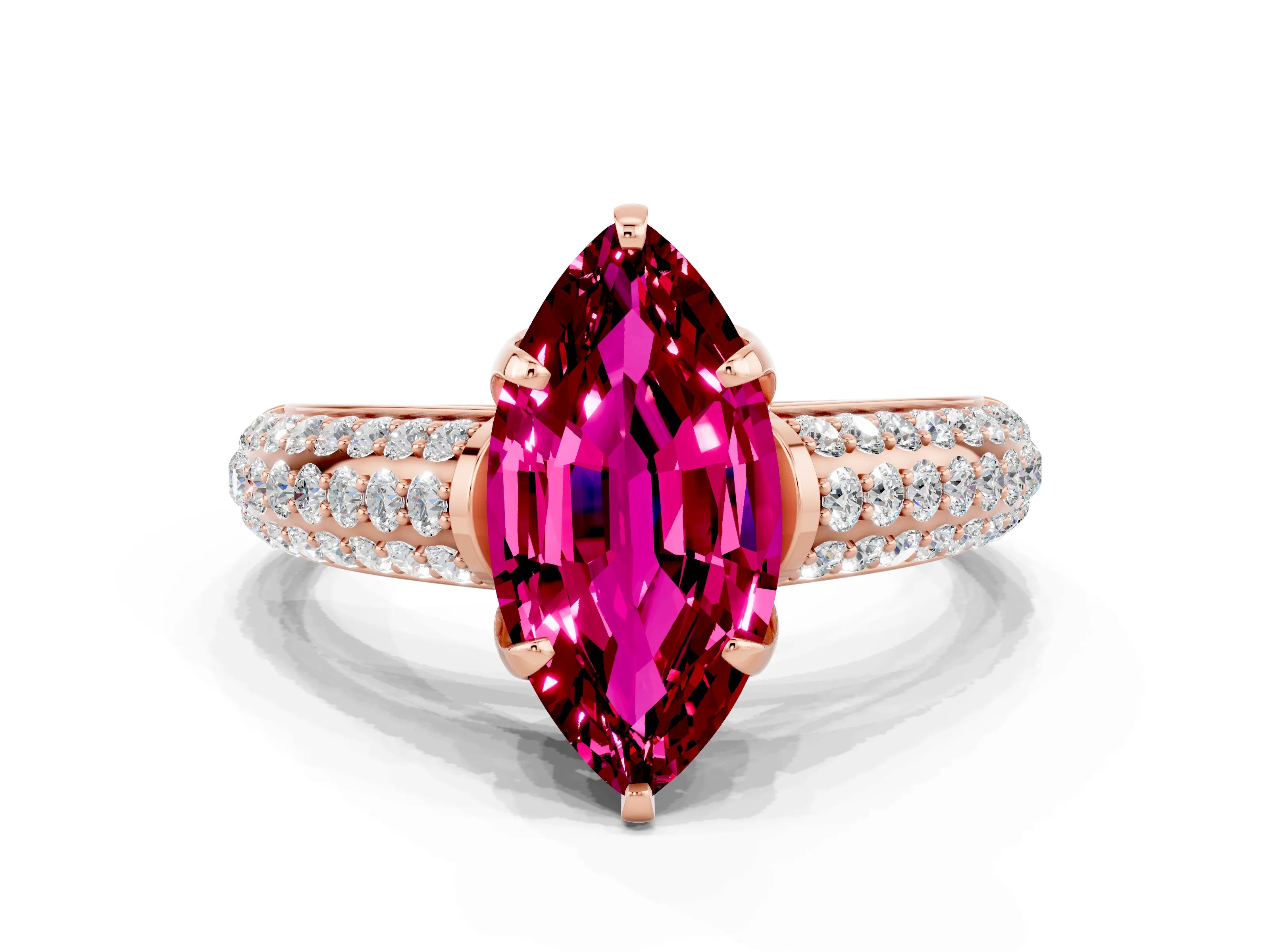 Rose gold Marquise Cut Garnet Solitaire Ring with Three-Row Pavé Band and Four-Prong Setting_12