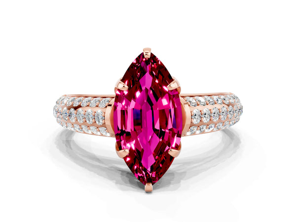 Rose gold Marquise Cut Garnet Solitaire Ring with Three-Row Pavé Band and Four-Prong Setting