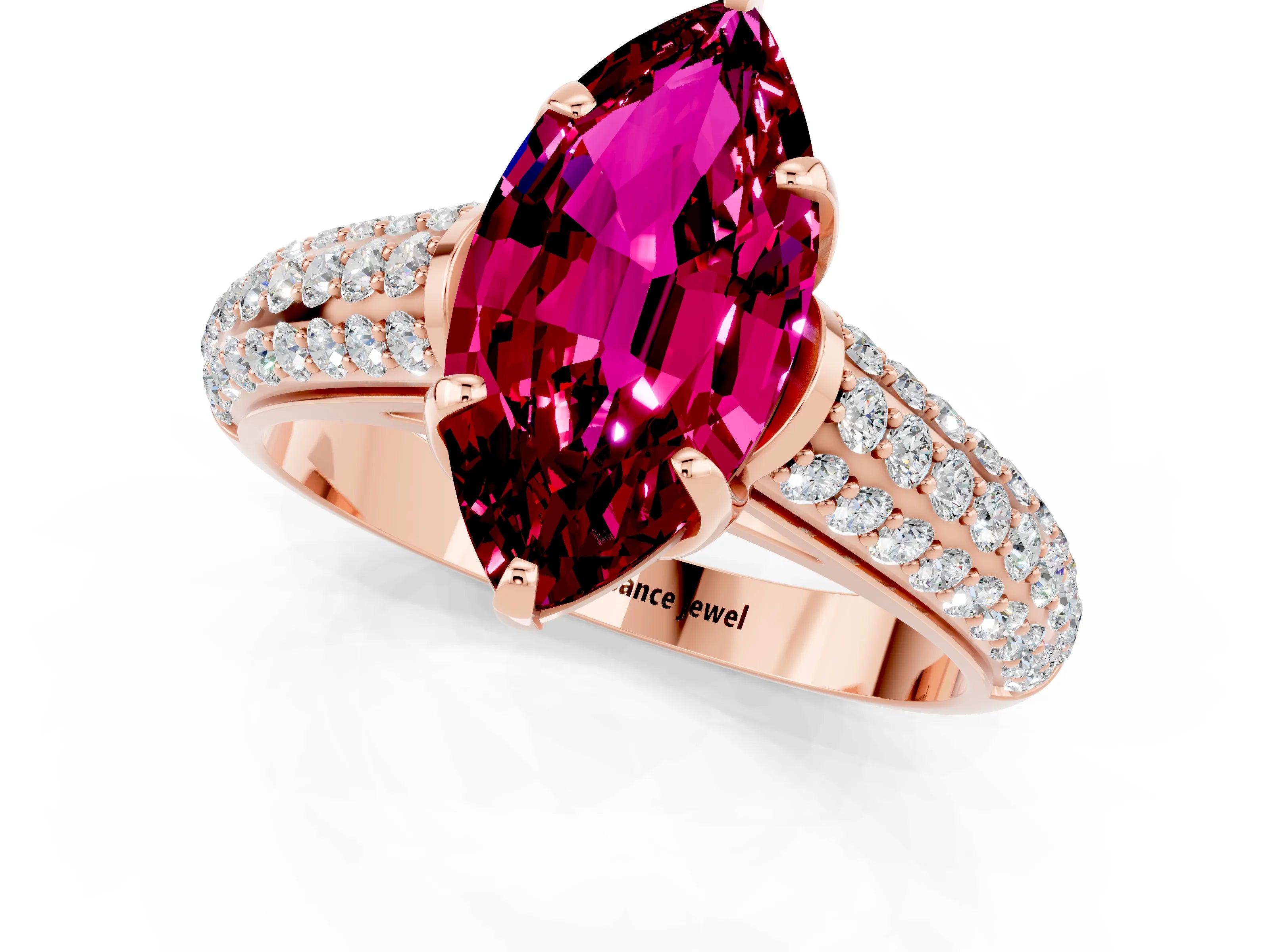 Rose gold Marquise Cut Garnet Solitaire Ring with Three-Row Pavé Band and Four-Prong Setting_13